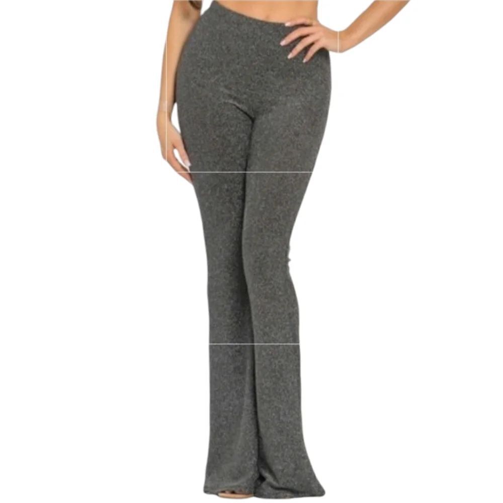 Lurex Flared Long Pants Bell Bottom Silver Gray Glitter Knit Jersey - Picture 4 of 13